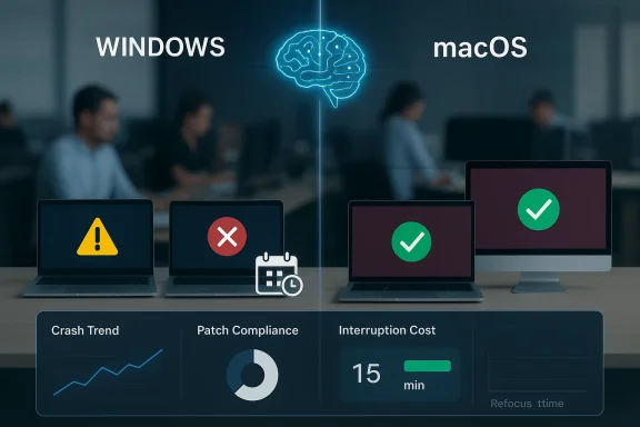 Tech dashboard shows crash, patch compliance, and interruption cost for Windows and macOS on laptops.