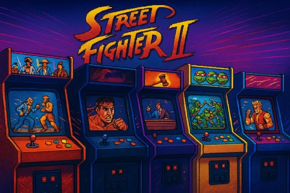 Retro arcade shoot-'em-up cabinet “Street Fighter II” with multiple screen displays and neon game art.