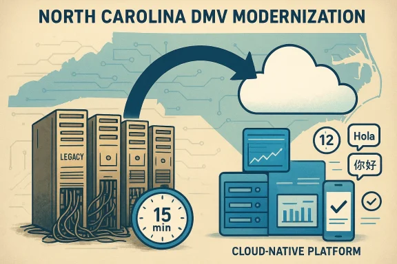 Retro-style graphic for “North Carolina DMV Modernization,” showing servers, cloud icon, and cloud-native platform.