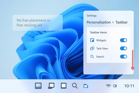 Windows 11 settings screen shows Taskbar personalization with toggles for Widgets, Task View, and Search.