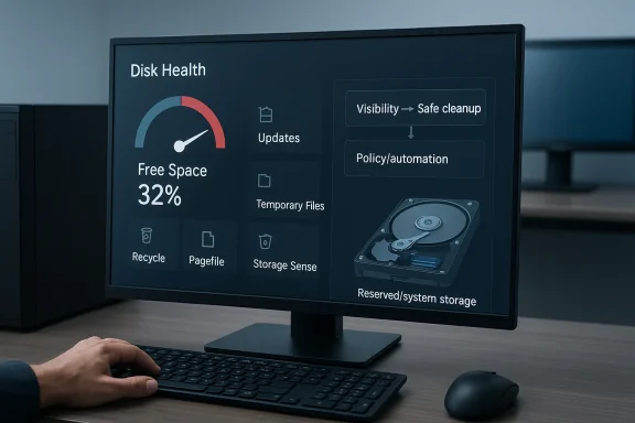 Person checking a computer screen showing disk health with 32% free space and safe cleanup options.