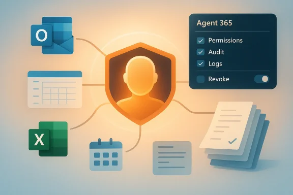 Illustration of a secure agent dashboard with permissions, logs, and linked icons for files and systems.
