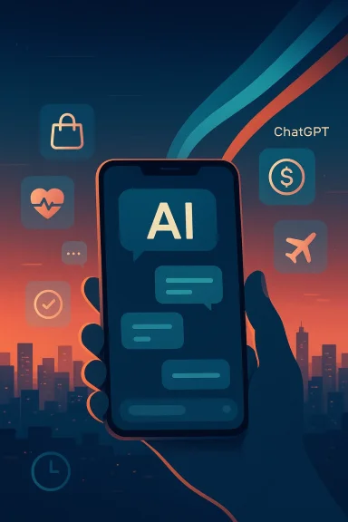 AI ChatGPT on a smartphone with finance, shopping, and other app icons over a city backdrop.