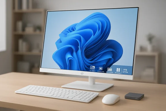 White desktop computer on a desk displays the blue Windows 11-style swirl wallpaper.