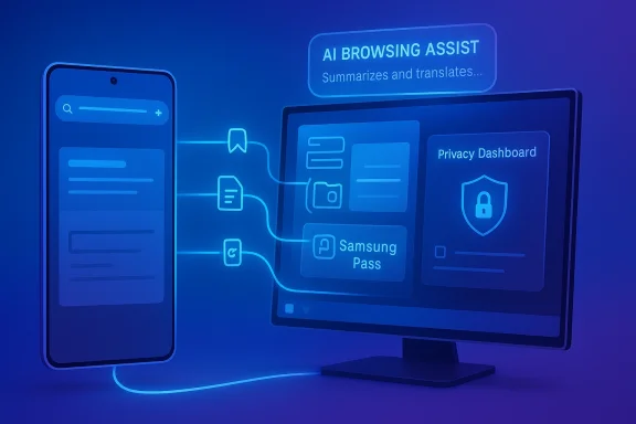 Blue tech illustration of AI Browsing Assist and Samsung Pass privacy features on phones and a monitor.
