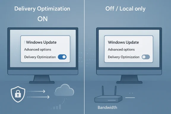 Split-screen graphic showing Windows Delivery Optimization toggle on vs off/local only with bandwidth icons.