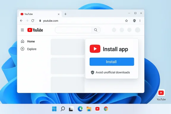 Screenshot showing a YouTube web page with an “Install app” prompt on a Windows desktop.