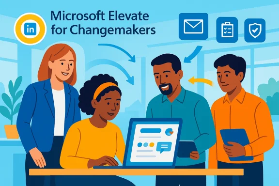 Illustration of diverse people collaborating at a laptop with “Microsoft Elevate for Changemakers” branding.