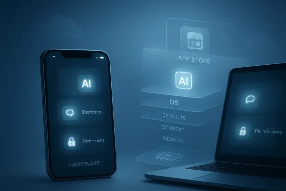 Blue tech scene showing AI settings across a smartphone and laptop with app store and permissions.
