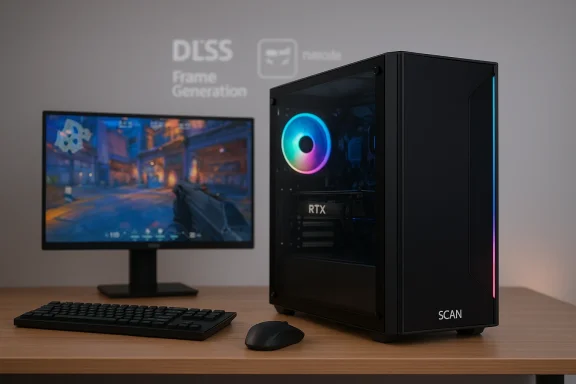 Gaming PC tower with RGB fan lighting beside a monitor displaying a FPS scene, on a desk.