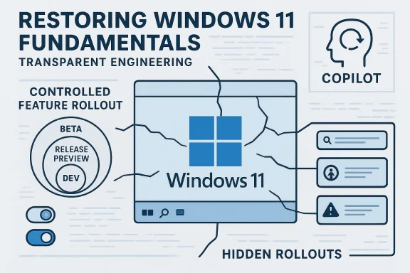 Illustration promoting restoring Windows 11 fundamentals with Copilot and controlled feature rollout.