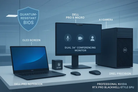 Dell Pro setup featuring dual 34' conferencing monitor, AI camera, and labeled quantum-resistant BIOS specs.