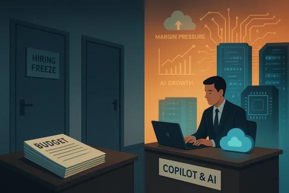 Split scene showing office hiring freeze documents on the left and a server AI “copilot & AI” desk on the right.