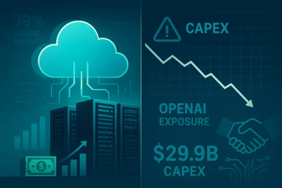 Blue split-screen tech graphic shows cloud computing, falling “CAPEX,” and “OpenAI exposure $29.9B CAPEX.”