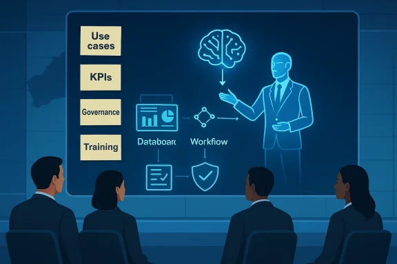 Business team watches a futuristic presentation on AI use cases, KPIs, governance, and training.