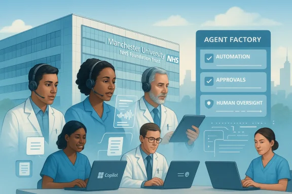 Healthcare team at Manchester University NHS with agents and automation, approvals, and human oversight screens.