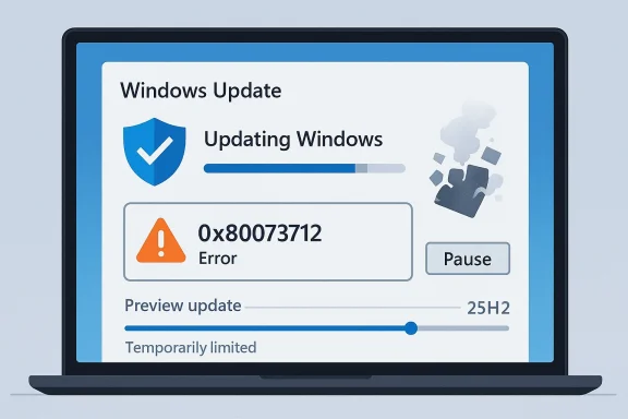 Laptop screen shows “Windows Update” progress with error 0x80073712 and a Pause button.