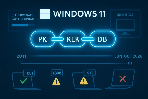 Graphic showing Windows 11 UEFI firmware capsule update timeline with PK, KEK, and DB checks and BIOS status codes.