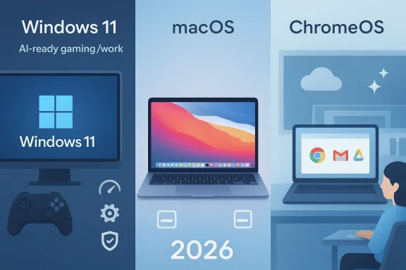 Promotional graphic comparing Windows 11, macOS, and ChromeOS with “2026” and a user at a desk.