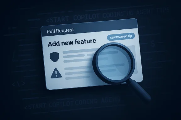 A magnifying glass highlights a “Pull Request” card reading “Add new feature,” with a sponsored tip badge.