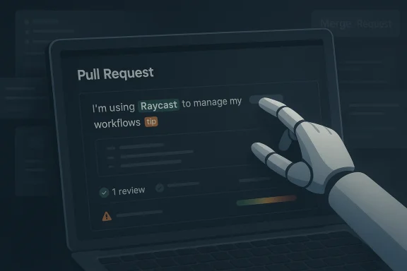 Futuristic illustration of a hand using a laptop to review a “Pull Request” in Raycast.
