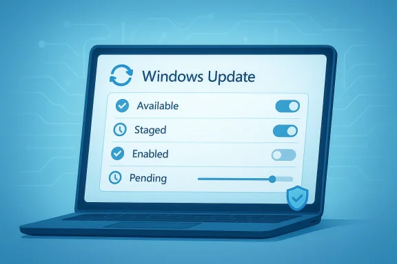 Laptop screen showing Windows Update status with updates available, staged, enabled, and pending.