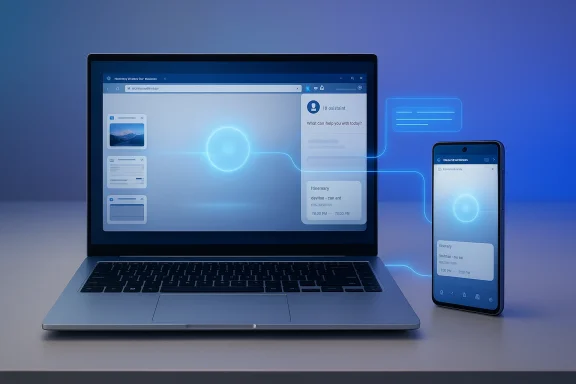 A laptop and smartphone display a blue AI chat interface with glowing connection lines. A laptop and smartphone display a blue AI chat interface with glowing connection lines.