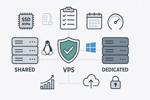 Illustration comparing shared vs VPS vs dedicated hosting with SSD/NVMe, backups, and security shield.