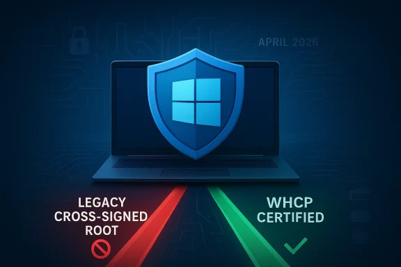 A laptop shield icon with Windows logo and “Legacy Cross-Signed Root” vs “WCHP Certified” security labels.