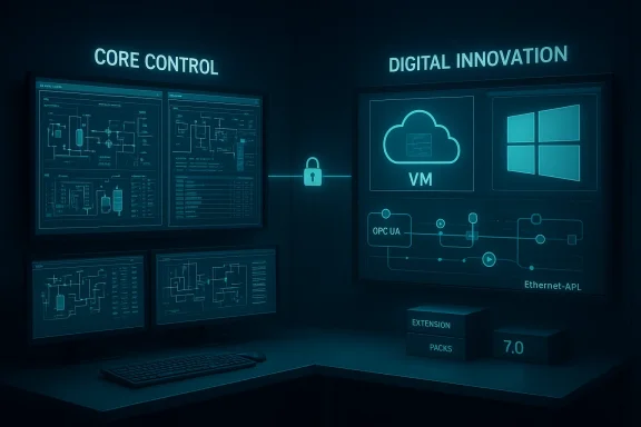 Neon-lit control room displays “CORE CONTROL” and “DIGITAL INNOVATION” with cloud, VM, and network diagrams.