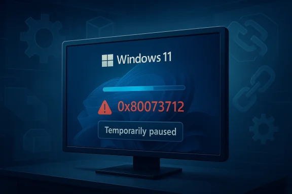 A Windows 11 error screen shows a warning code “0x80073712” with “Temporarily paused.” A Windows 11 error screen shows a warning code “0x80073712” with “Temporarily paused.”