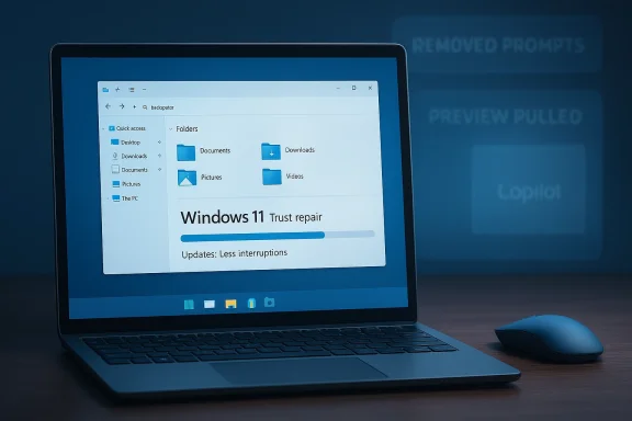 Laptop screen shows Windows 11 Trust repair interface with an update progress bar and “Updates: Less interruptions.”