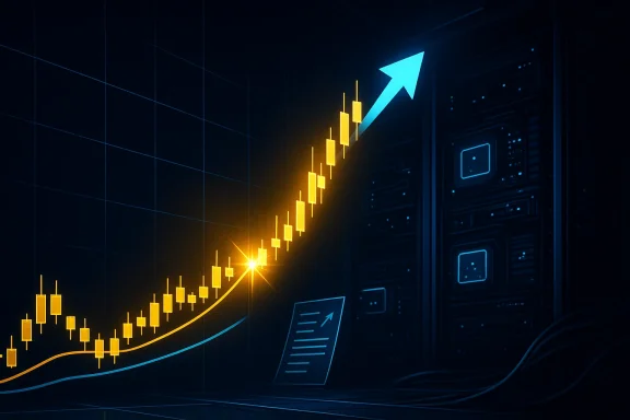 Neon trading chart shows rising candlesticks and an upward arrow beside glowing server racks.