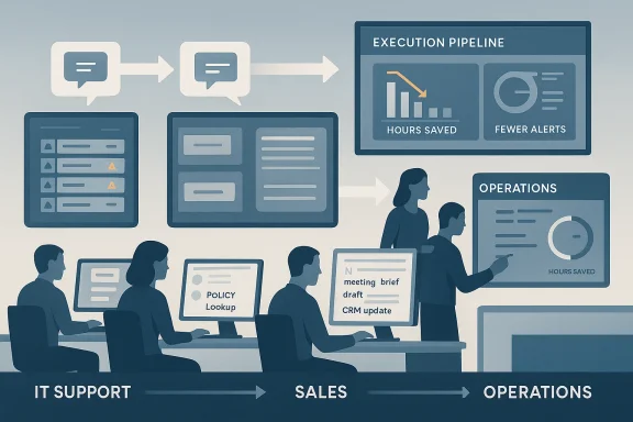 Illustration of a team using dashboards and an execution pipeline labeled IT support, sales, and operations.