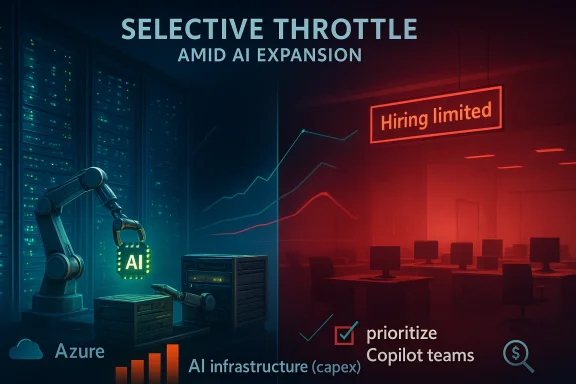Neon AI-themed office split-screen shows “Selective throttle amid AI expansion” and “Hiring limited” with chart arrows.