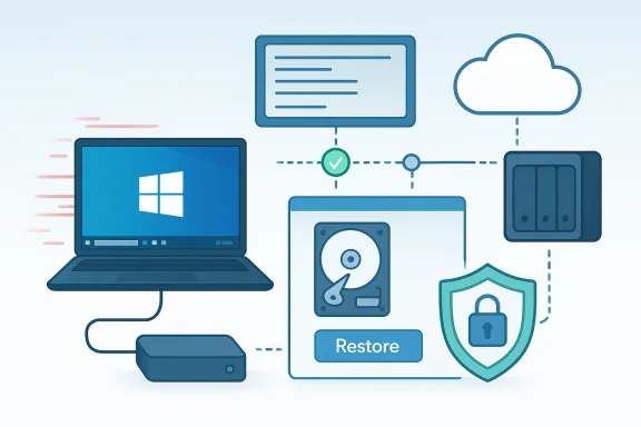 Illustration of a secure restore workflow connecting a laptop, server, cloud, and password-protected shield.
