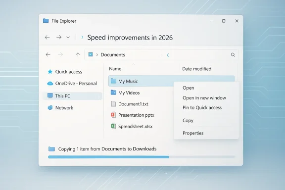Windows File Explorer shows the “Speed improvements in 2026” document list with an “Open” context menu.