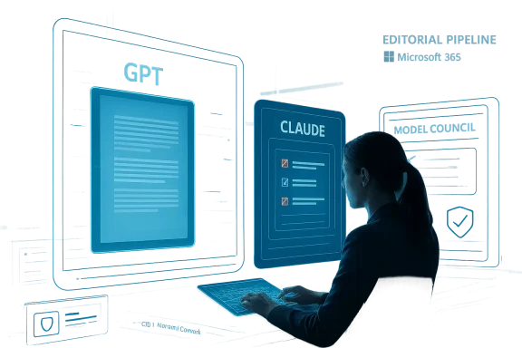 A woman reviews AI editorial pipeline dashboards labeled GPT, Claude, and Microsoft 365 on a blue screen.