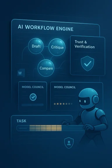 Futuristic blue UI shows an “AI Workflow Engine” with draft, critique, compare, and trust verification steps.