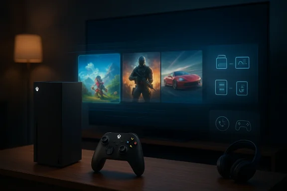 Gaming setup with a console, controller, and headset in front of a TV showing colorful game thumbnails.