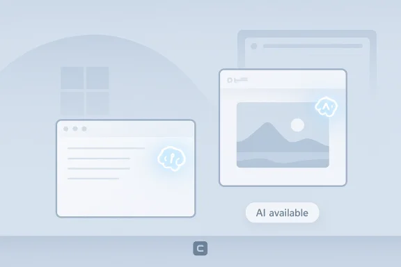 Illustration of two browser windows with AI icons and an “AI available” prompt on a soft blue background.