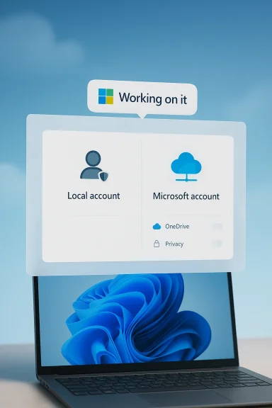 Windows 11 laptop screen shows sign-in options: “Local account” and “Microsoft account.”