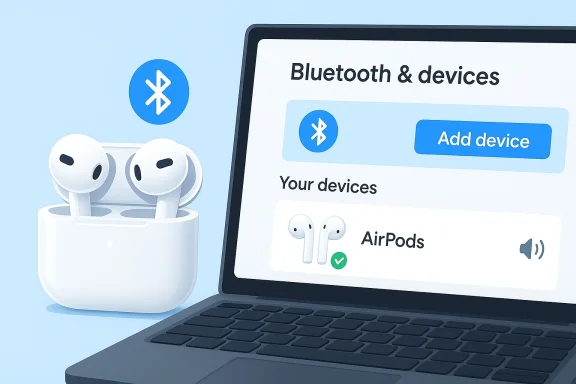 Illustration of a laptop Bluetooth settings screen with connected AirPods and a Bluetooth icon.