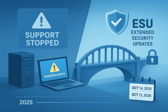 Blue cybersecurity graphic shows “Support Stopped” and “ESU Extended Security Updates” with Windows update warning.