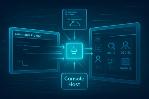 Neon blue illustration of command prompt feeding a central console host and data icons in a network.