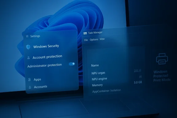 Windows 11 desktop showing Settings with Windows Security and Task Manager open on a laptop.