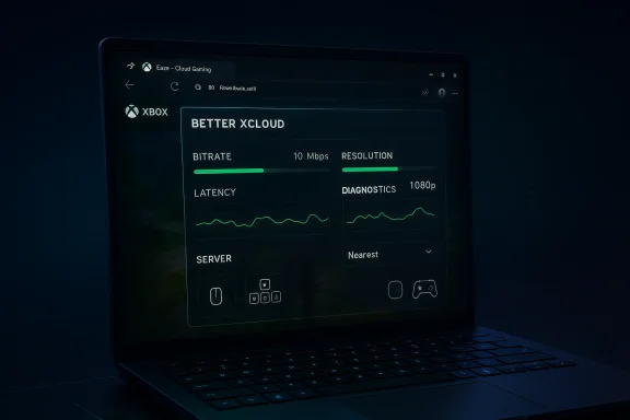 Laptop screen displaying Xbox cloud gaming network metrics like bitrate, latency, and resolution.