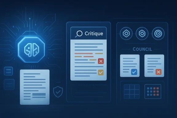 Futuristic blue interface showing “Critique” and document cards with council icons and status checks.