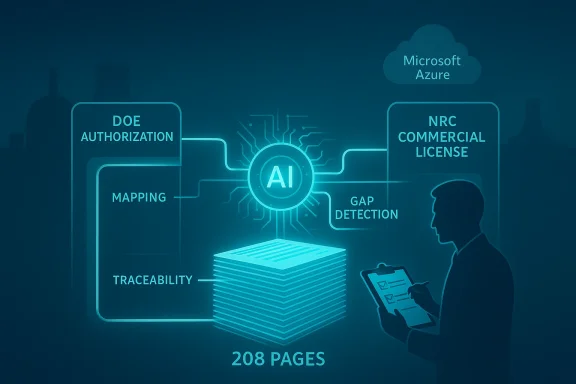 Abstract AI workflow illustration with Azure label, showing authorization, mapping, traceability, NRC license, gap detection.