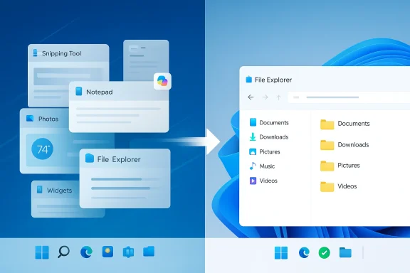 Windows desktop UI showing file explorer menus with an arrow between screens.